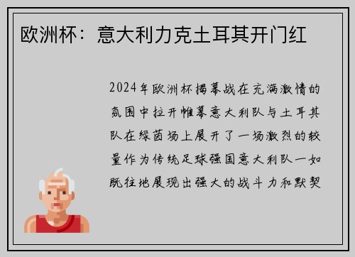 欧洲杯：意大利力克土耳其开门红